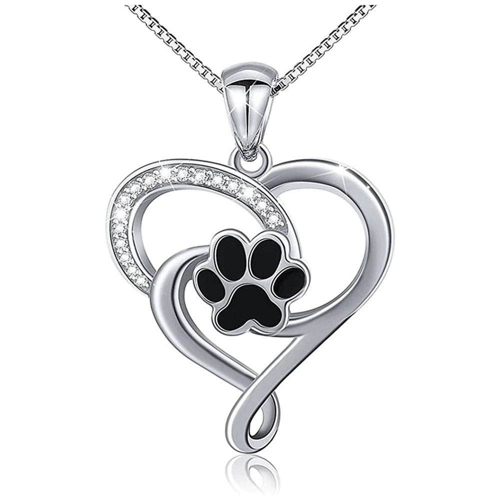 love heart diamante paw necklace for dog lovers 