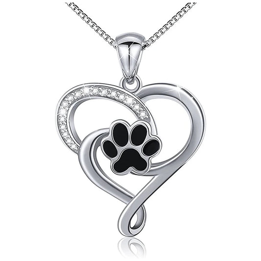 love heart diamante paw necklace for dog lovers 